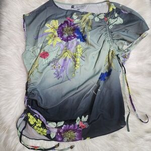 Jennifer Lopez Scoop Neck Asymmetrical Cap Sleeve Floral Blouse Size XS